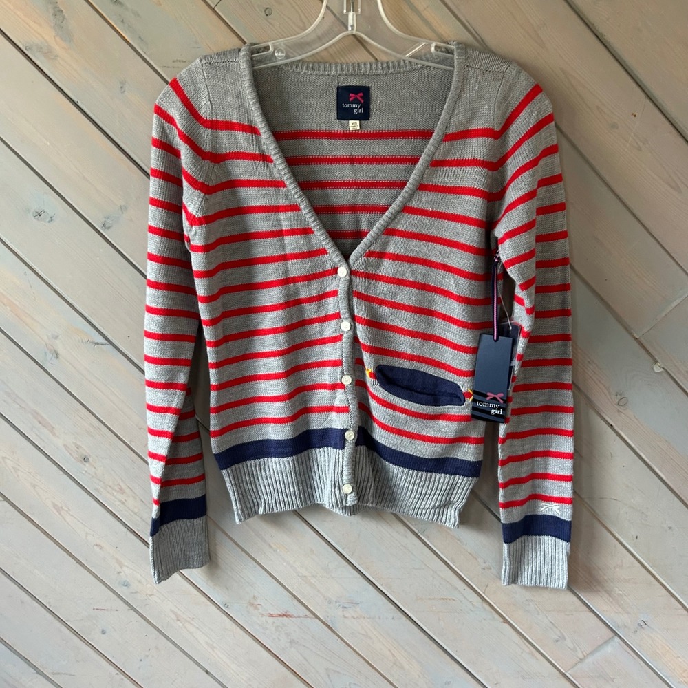 Tommy Girl Kids Gray Red Striped Button Front Cardigan Sweater XS NWT